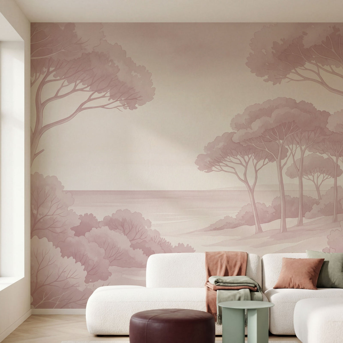Papier peint panoramique botanique - Arbres méditerranéens fleurs sauvages chemin sableux rose poudrée sur mesure - Rivage Méditerranéen - Rose poudrée