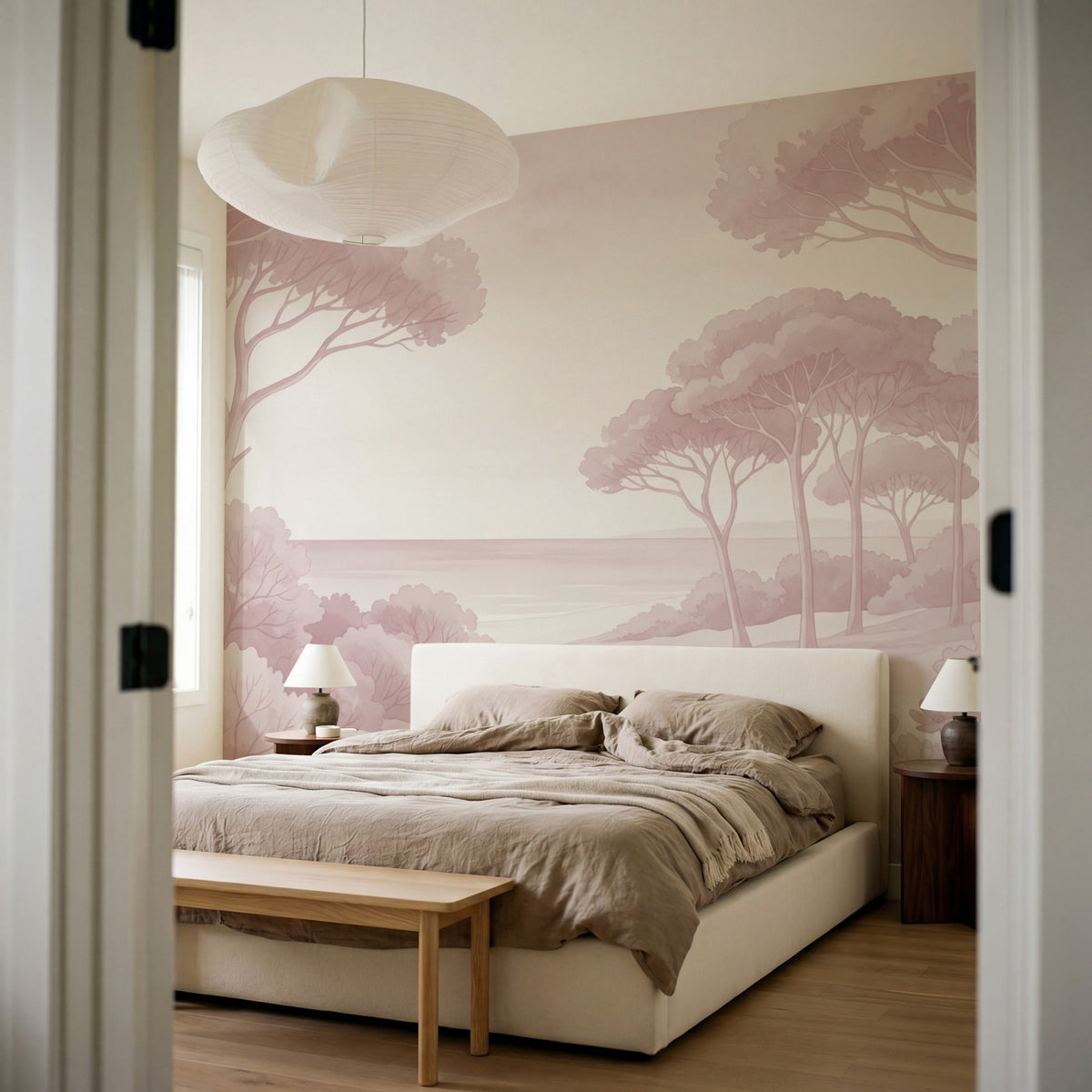 Papier peint panoramique botanique - Arbres méditerranéens fleurs sauvages chemin sableux rose poudrée sur mesure - Rivage Méditerranéen - Rose poudrée