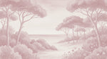 Papier peint panoramique botanique - Arbres méditerranéens fleurs sauvages chemin sableux rose poudré sur mesure - Design