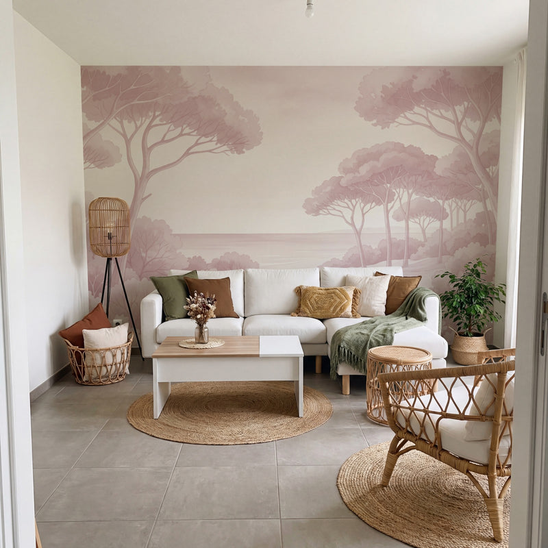 Papier peint panoramique botanique - Arbres méditerranéens fleurs sauvages chemin sableux rose poudrée sur mesure - Rivage Méditerranéen - Rose poudrée