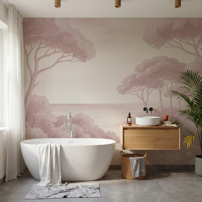 Papier peint panoramique botanique - Arbres méditerranéens fleurs sauvages chemin sableux rose poudrée sur mesure - Rivage Méditerranéen - Rose poudrée