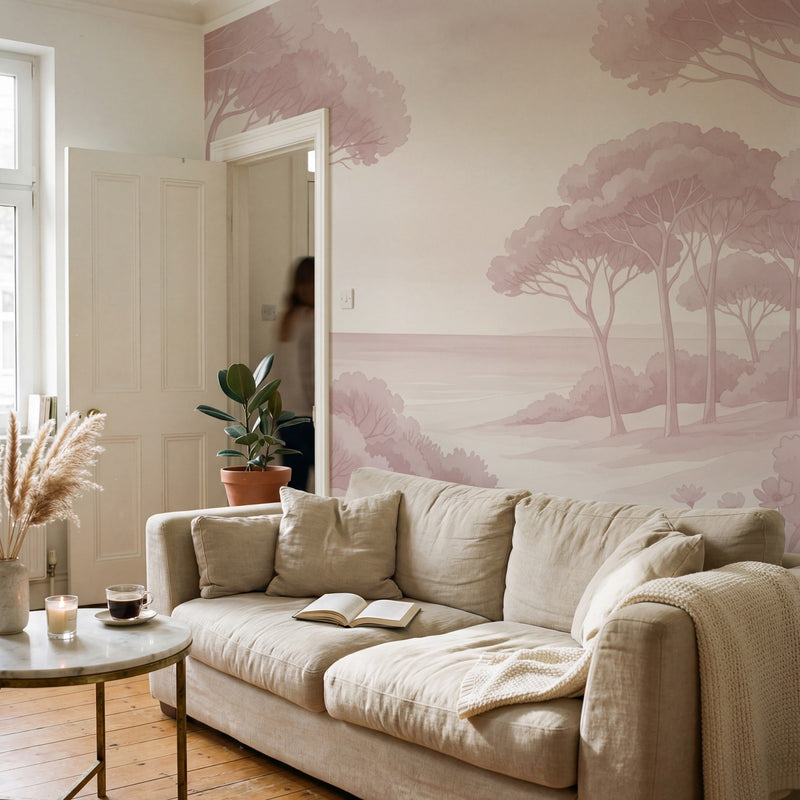 Papier peint panoramique botanique - Arbres méditerranéens fleurs sauvages chemin sableux rose poudrée sur mesure - Rivage Méditerranéen - Rose poudrée