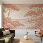Papier peint panoramique botanique - Arbres méditerranéens fleurs sauvages chemin sableux tons Terracotta sur mesure - Rivage Méditerranéen - Terracotta