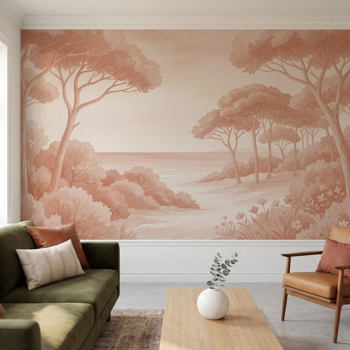 Papier peint panoramique botanique - Arbres méditerranéens fleurs sauvages chemin sableux tons Terracotta sur mesure - Rivage Méditerranéen - Terracotta