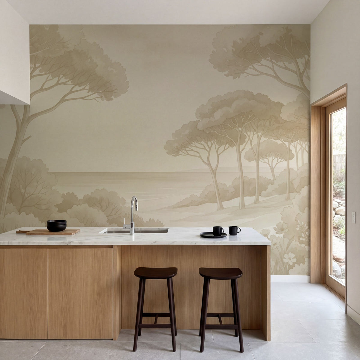 Papier peint panoramique botanique - Arbres méditerranéens fleurs sauvages chemin sableux tons beige sur mesure - Rivage Méditerranéen - Beige