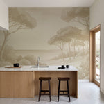 Papier peint panoramique botanique - Arbres méditerranéens fleurs sauvages chemin sableux tons beige sur mesure - Rivage Méditerranéen - Beige