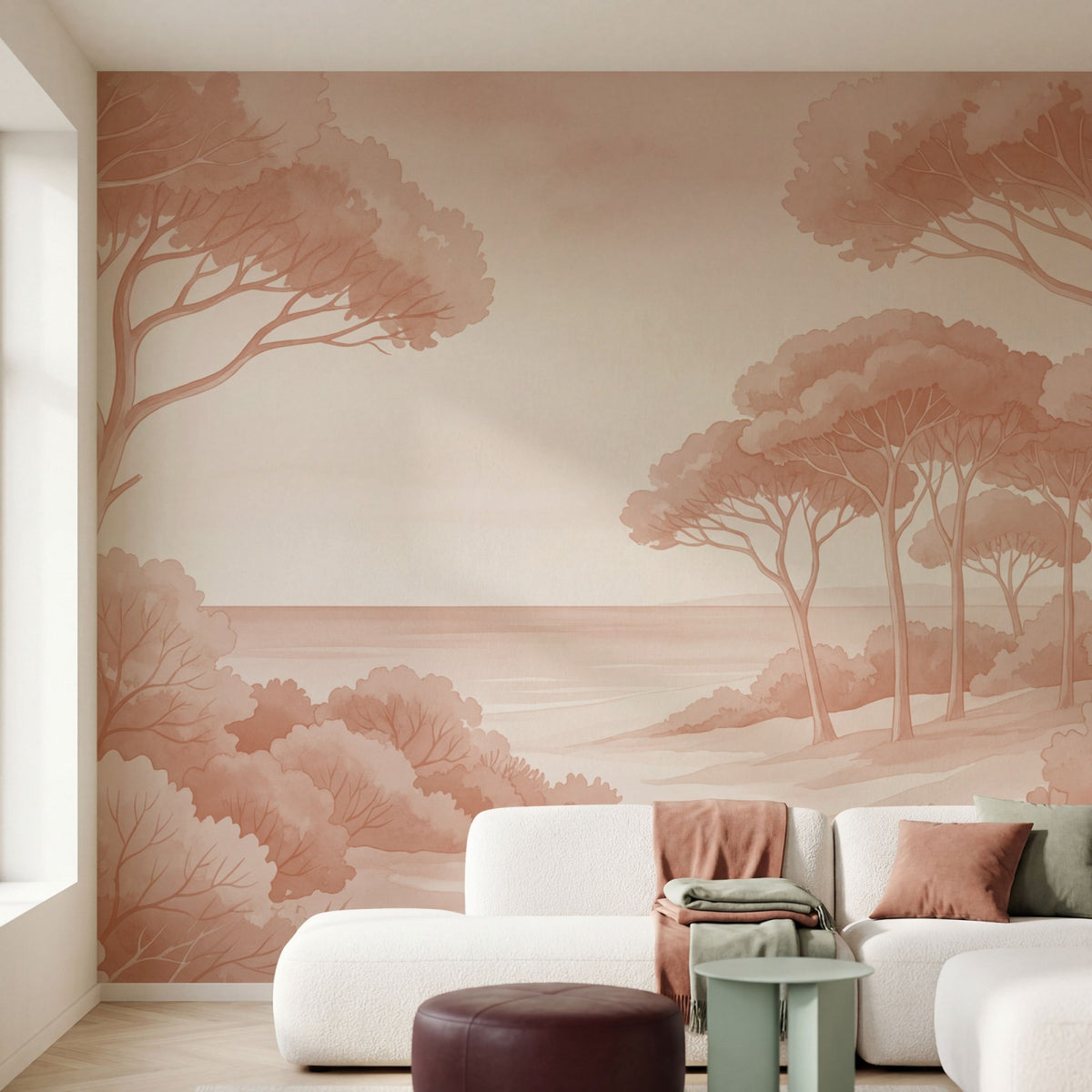 Papier peint panoramique botanique - Arbres méditerranéens fleurs sauvages chemin sableux tons Terracotta sur mesure - Rivage Méditerranéen - Terracotta