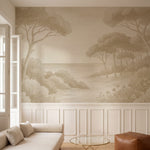 Papier peint panoramique botanique - Arbres méditerranéens fleurs sauvages chemin sableux tons beige sur mesure - Rivage Méditerranéen - Beige