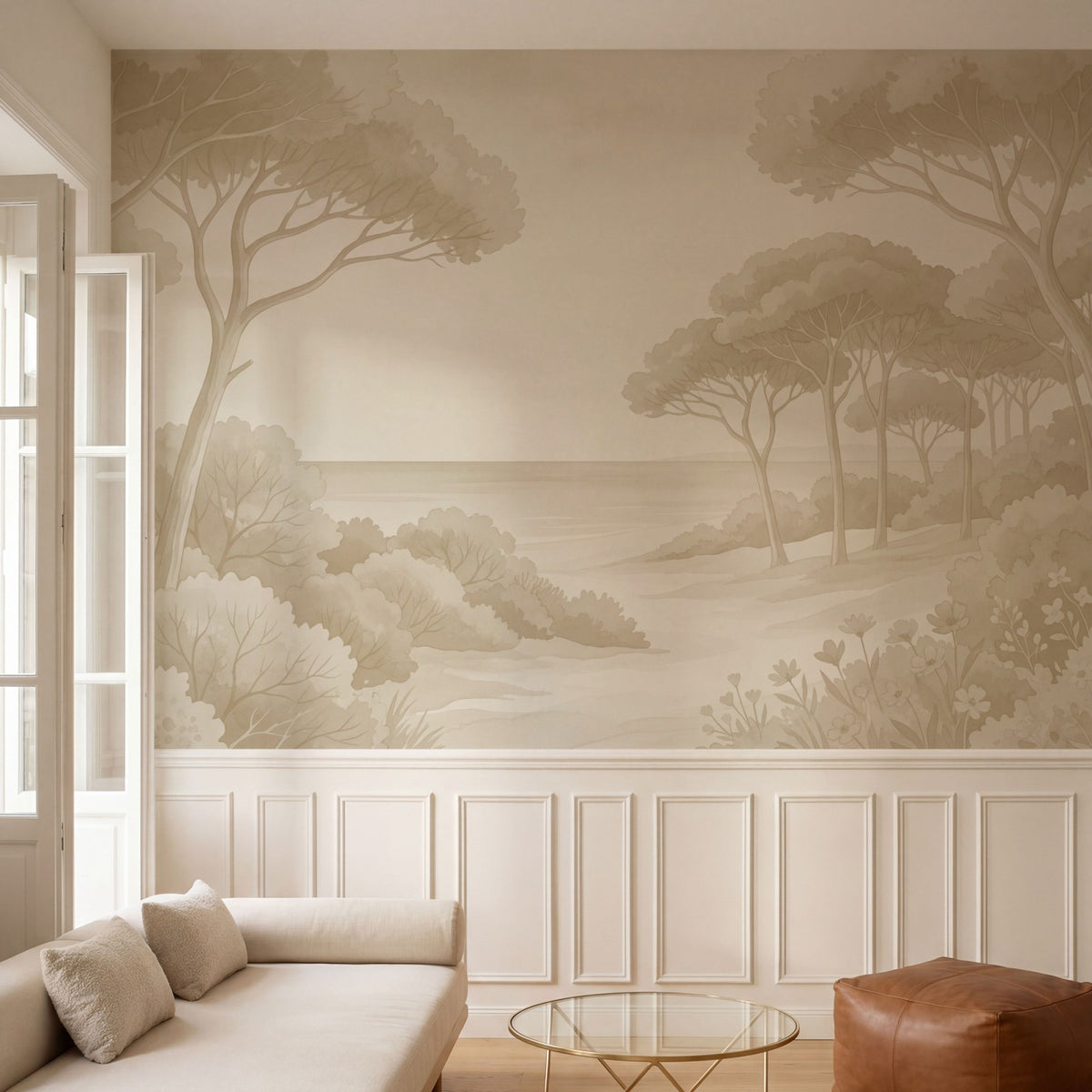 Papier peint panoramique botanique - Arbres méditerranéens fleurs sauvages chemin sableux tons beige sur mesure - Rivage Méditerranéen - Beige