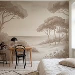 Papier peint panoramique botanique - Arbres méditerranéens fleurs sauvages chemin sableux tons marron sur mesure - Rivage Méditerranéen - Marron