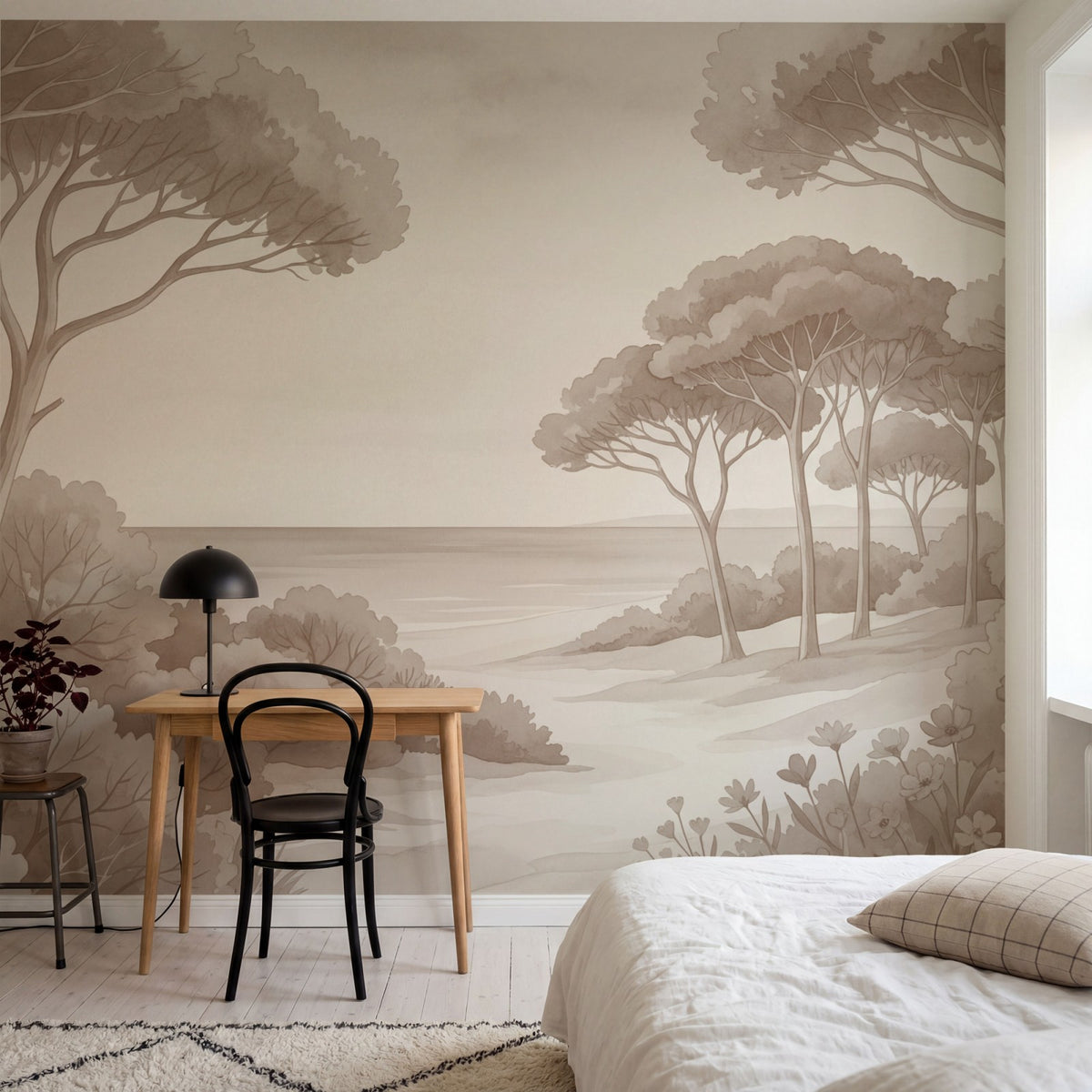 Papier peint panoramique botanique - Arbres méditerranéens fleurs sauvages chemin sableux tons marron sur mesure - Rivage Méditerranéen - Marron
