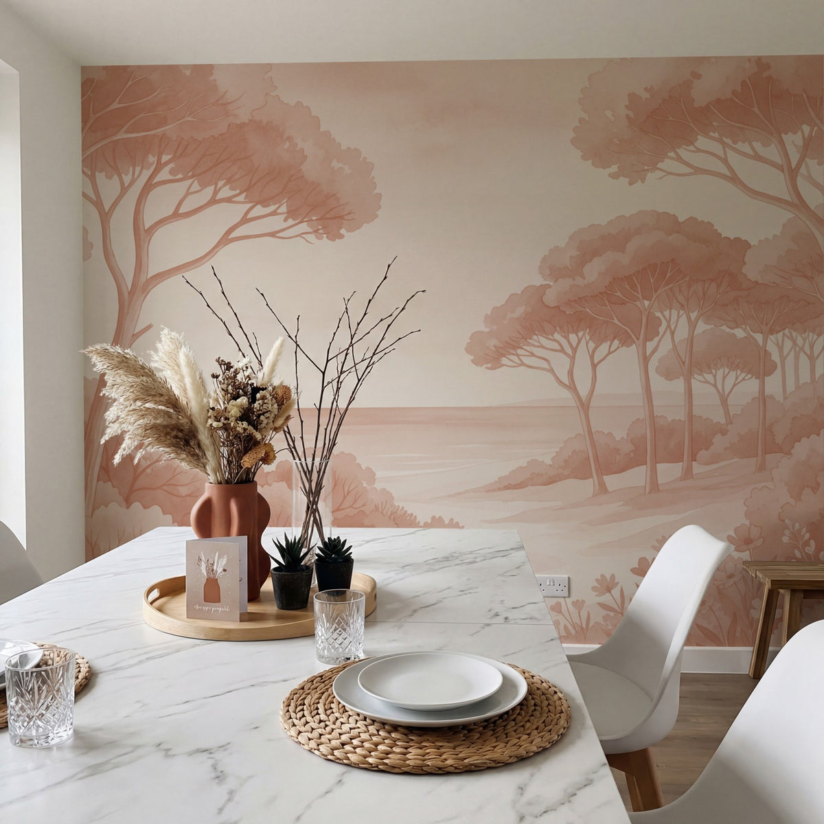 Papier peint panoramique botanique - Arbres méditerranéens fleurs sauvages chemin sableux tons Terracotta sur mesure - Rivage Méditerranéen - Terracotta