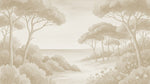 Papier peint panoramique botanique - Arbres méditerranéens fleurs sauvages chemin sableux beige sur mesure - Design