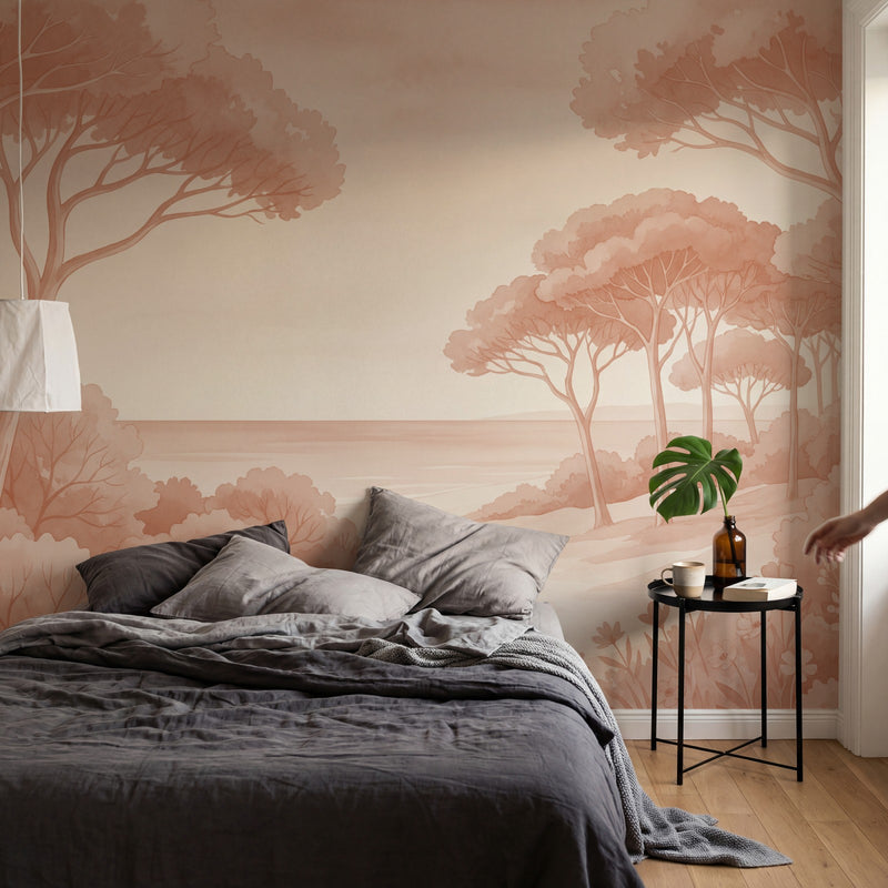 Papier peint panoramique botanique - Arbres méditerranéens fleurs sauvages chemin sableux tons Terracotta sur mesure - Rivage Méditerranéen - Terracotta