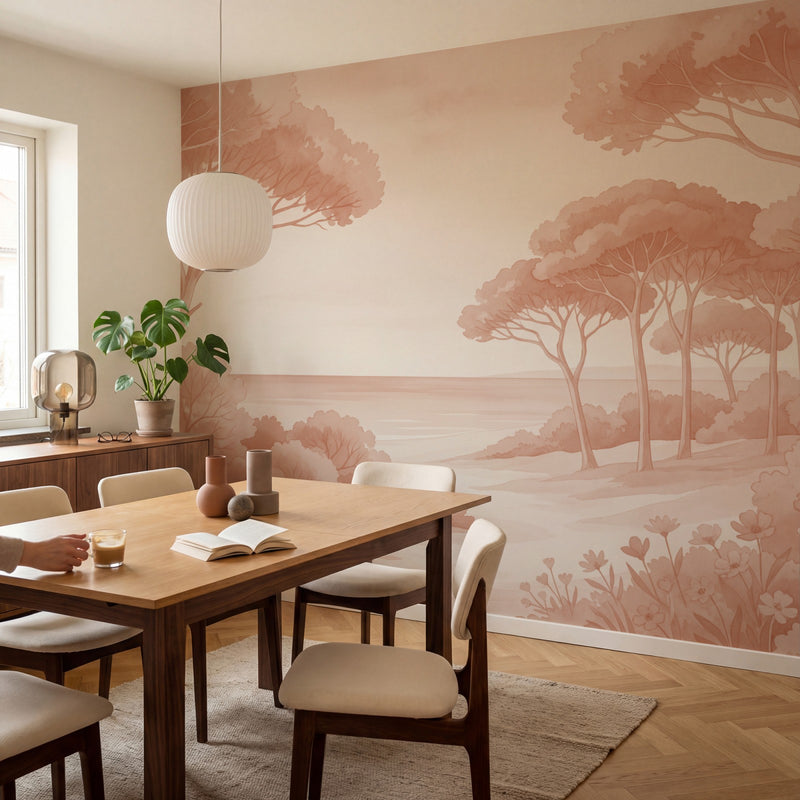 Papier peint panoramique botanique - Arbres méditerranéens fleurs sauvages chemin sableux tons Terracotta sur mesure - Rivage Méditerranéen - Terracotta