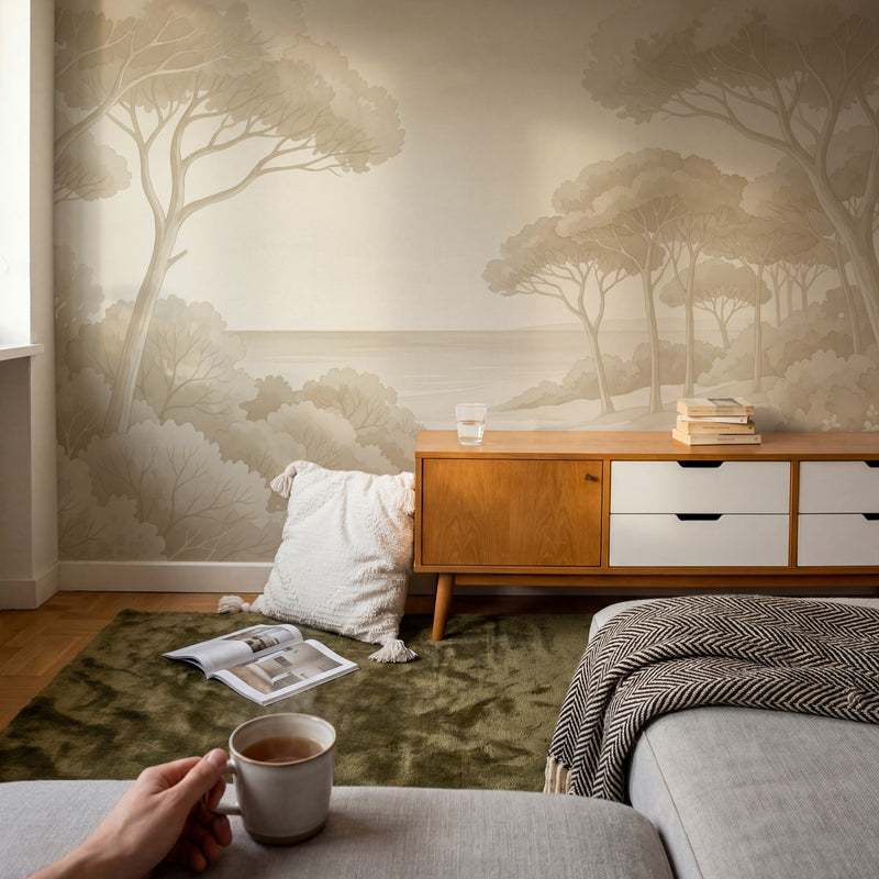 Papier peint panoramique botanique - Arbres méditerranéens fleurs sauvages chemin sableux tons beige sur mesure - Rivage Méditerranéen - Beige