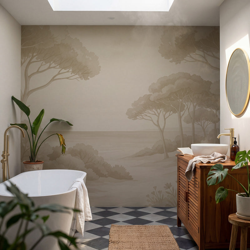 Papier peint panoramique botanique - Arbres méditerranéens fleurs sauvages chemin sableux tons beige sur mesure - Rivage Méditerranéen - Beige