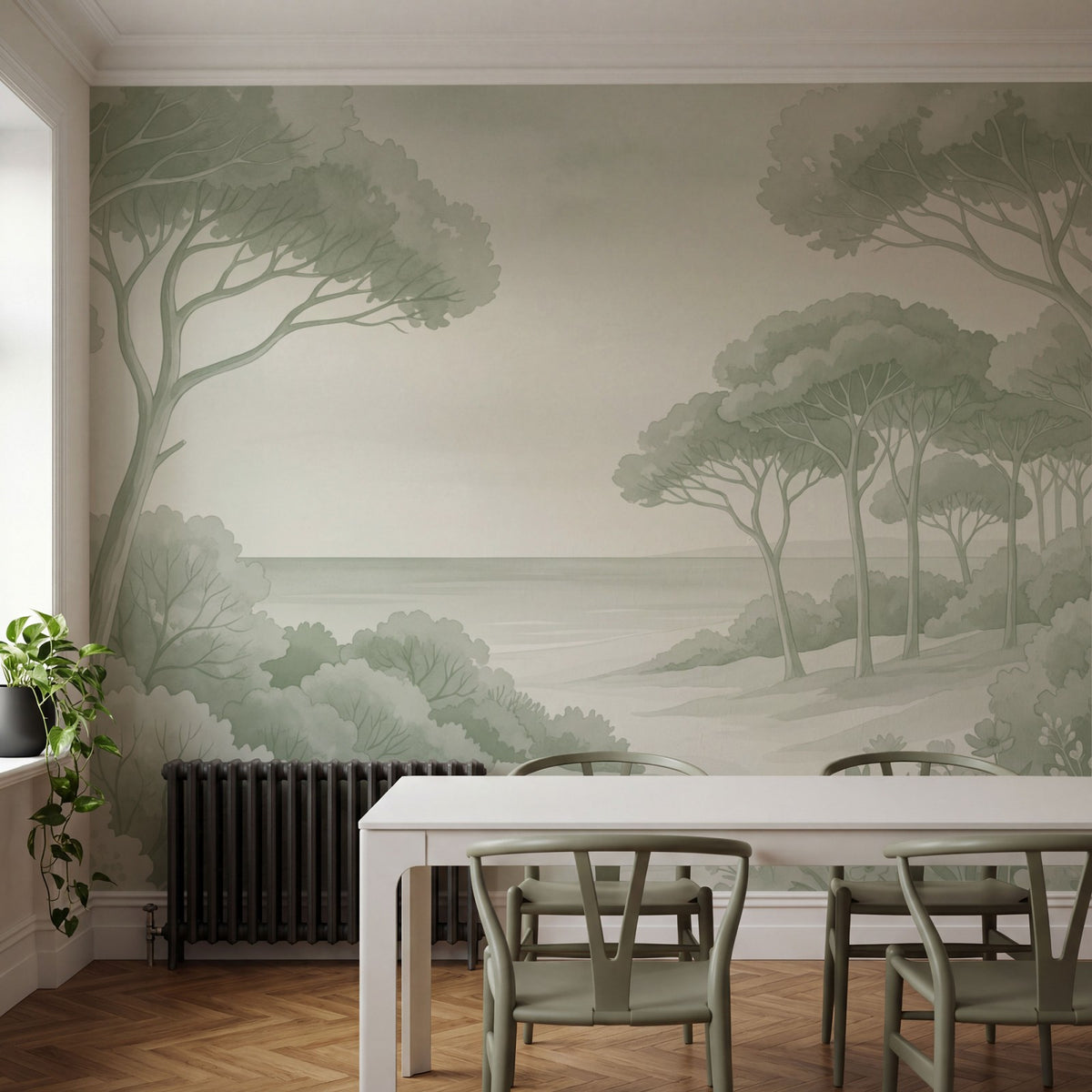 Papier peint panoramique botanique - Arbres méditerranéens fleurs sauvages chemin sableux Vert sauge sur mesure - Rivage Méditerranéen - Vert sauge