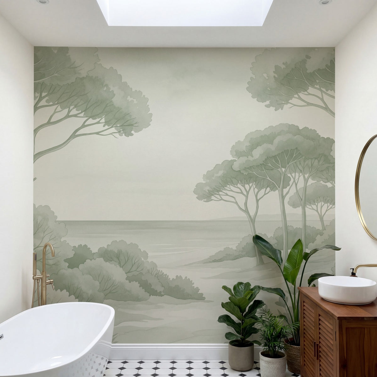 Papier peint panoramique botanique - Arbres méditerranéens fleurs sauvages chemin sableux Vert sauge sur mesure - Rivage Méditerranéen - Vert sauge