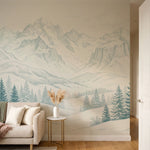 Papier peint panoramique forêt - Sapins épicéas enneigés montagnes alpines gravure bleu sur mesure - Sommets Enneigés - Bleu