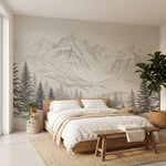 Papier peint panoramique forêt - Sapins épicéas enneigés montagnes alpines gravure Noir & Blanc sur mesure - Sommets Enneigés - Noir & Blanc