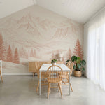 Papier peint panoramique forêt - Sapins épicéas enneigés montagnes alpines gravure terracotta sur mesure - Sommets Enneigés - Terracotta