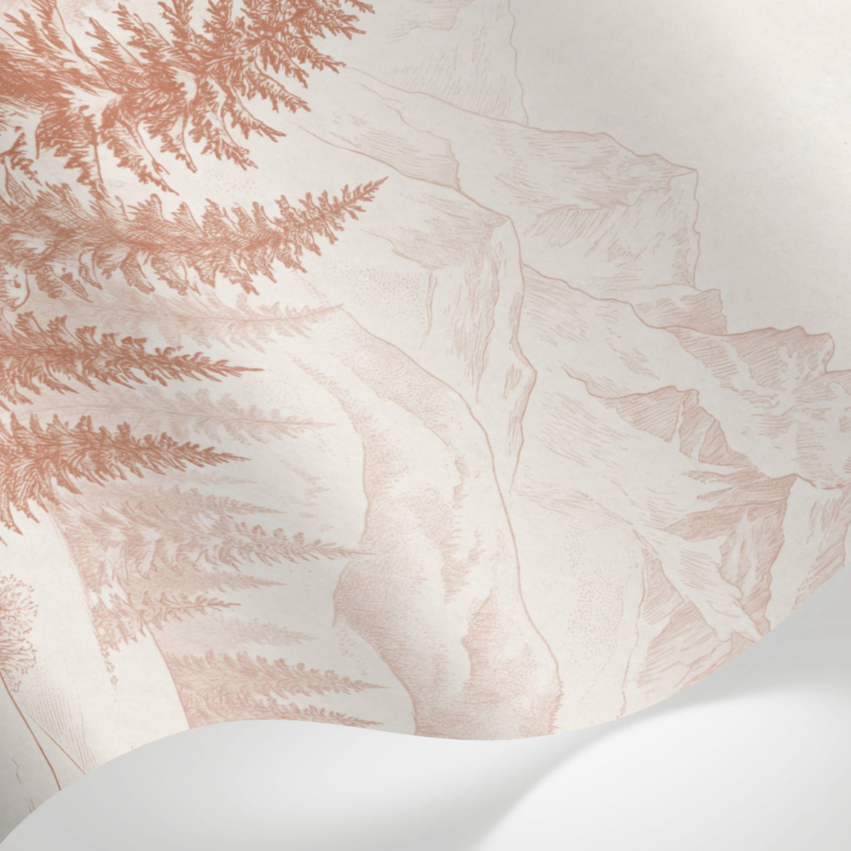 Papier peint panoramique forêt - Sapins épicéas enneigés montagnes alpines gravure terracotta sur mesure - Matière