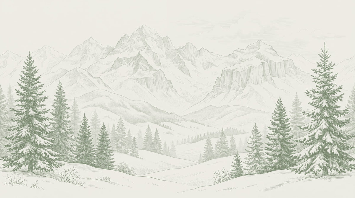 Papier peint panoramique forêt - Sapins épicéas enneigés montagnes alpines gravure vert sauge sur mesure - Design