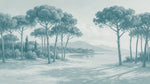 Papier peint panoramique pins parasol - Paysage côtier méditerranéen plage sableuse bleu canard sur mesure - Design