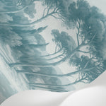 Papier peint panoramique pins parasol - Paysage côtier méditerranéen plage sableuse bleu canard sur mesure - Matière