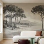 Papier peint panoramique pins parasol - Paysage côtier méditerranéen plage sableuse Noir & Blanc sur mesure - Calanque Dorée - Noir & Blanc