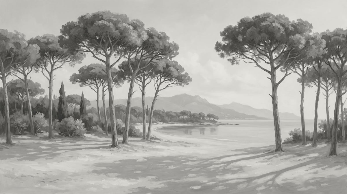 Papier peint panoramique pins parasol - Paysage côtier méditerranéen plage sableuse noir et blanc sur mesure - Design