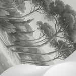 Papier peint panoramique pins parasol - Paysage côtier méditerranéen plage sableuse noir et blanc sur mesure - Matière