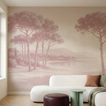 Papier peint panoramique pins parasol - Paysage côtier méditerranéen plage sableuse rose poudrée sur mesure - Calanque Dorée - Rose poudrée