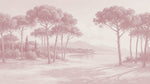 Papier peint panoramique pins parasol - Paysage côtier méditerranéen plage sableuse rose poudré sur mesure - Design