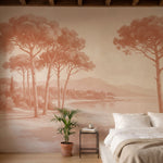 Papier peint panoramique pins parasol - Paysage côtier méditerranéen plage sableuse Terracotta sur mesure - Calanque Dorée - Terracotta
