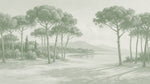 Papier peint panoramique pins parasol - Paysage côtier méditerranéen plage sableuse vert sauge sur mesure - Design