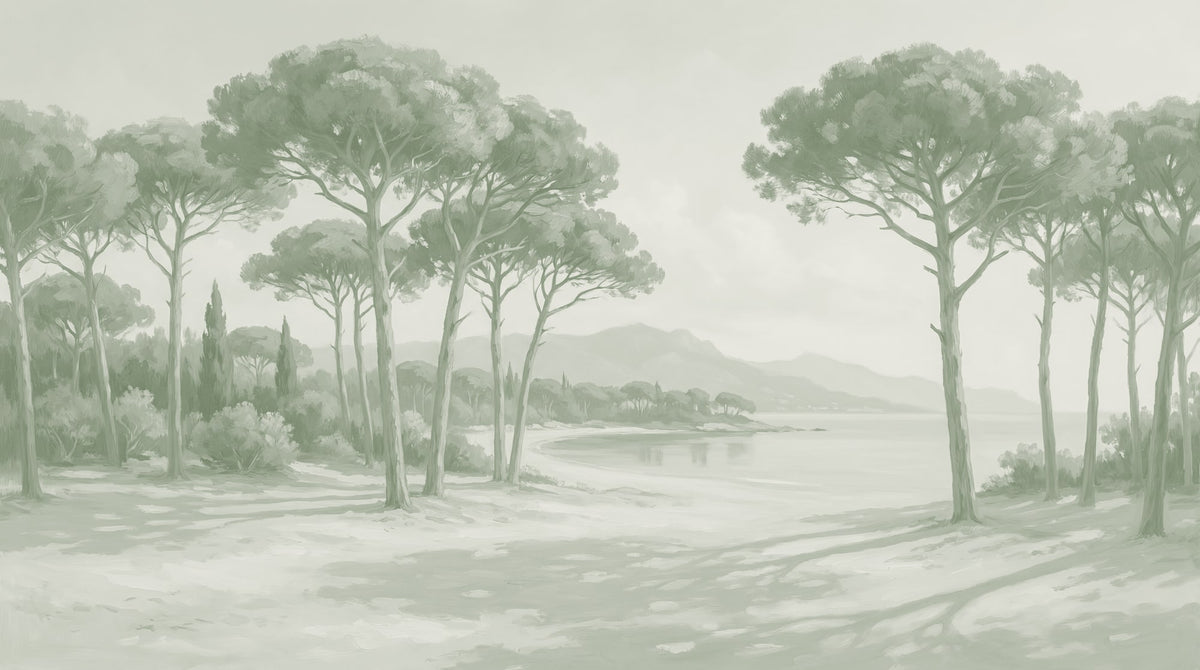 Papier peint panoramique pins parasol - Paysage côtier méditerranéen plage sableuse vert sauge sur mesure - Design