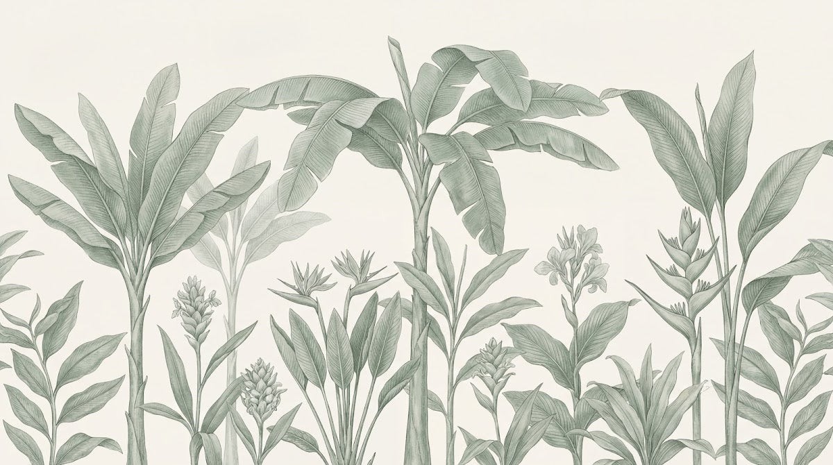 Papier peint panoramique feuille bananier - Frondes tropicales dessinées tons vert sauge sur fond beige crème sur mesure - Design