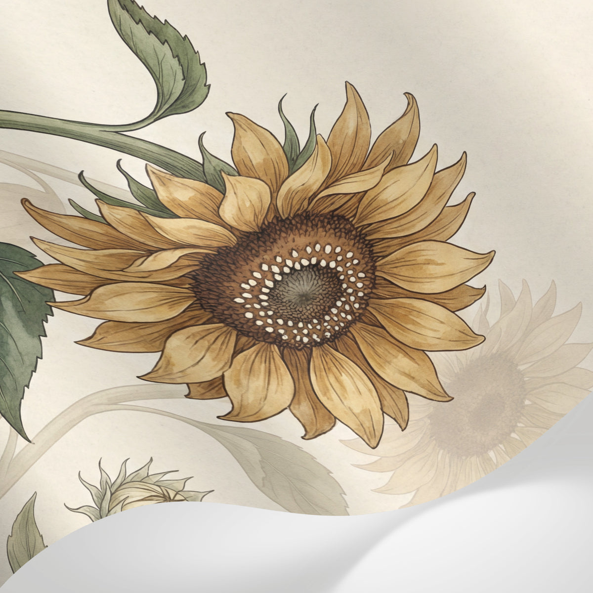 Papier peint panoramique fleur vintage - Tournesols botaniques tiges courbées feuilles dentelées fond beige crème sur mesure - Matière