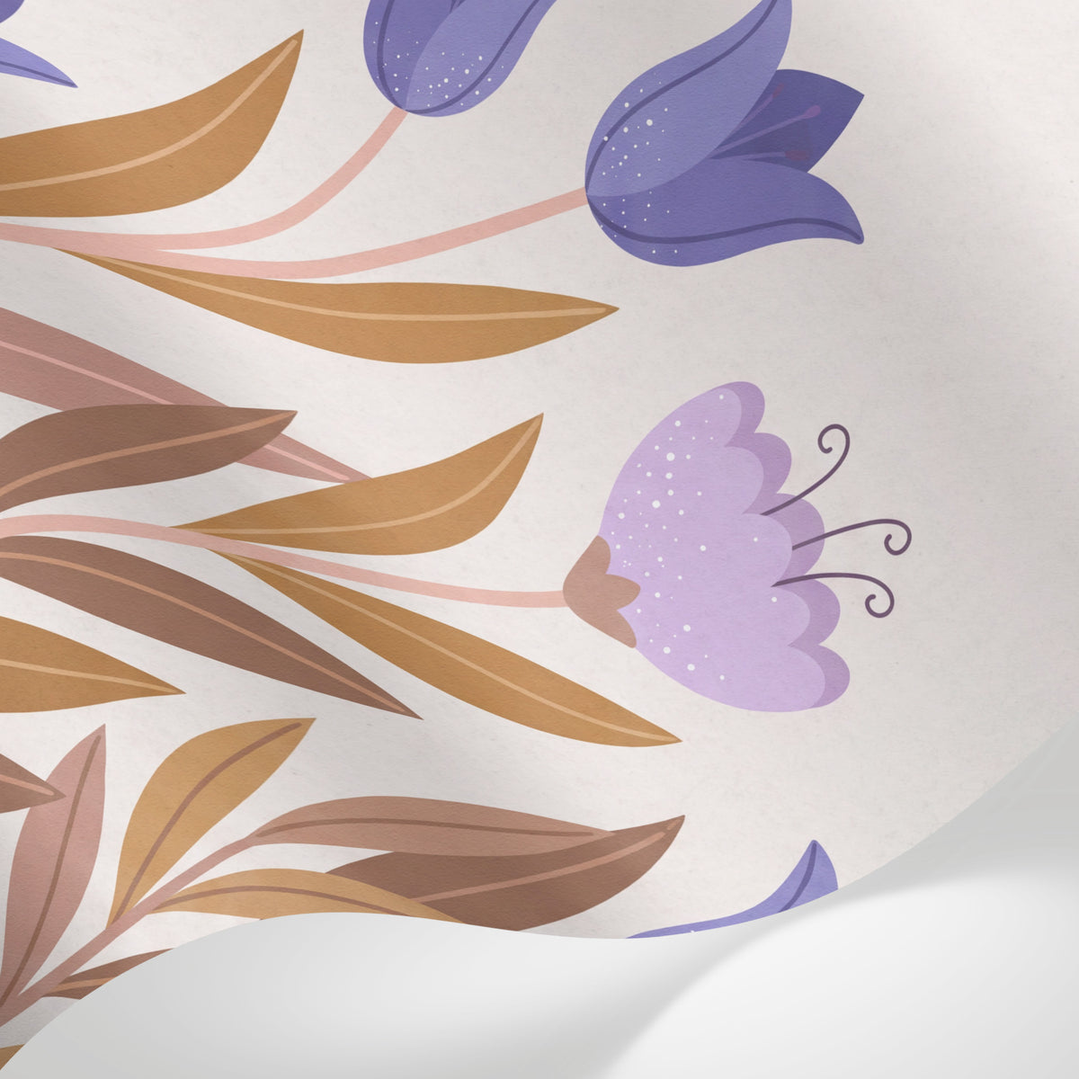 Papier peint panoramique fleuri vintage - Tulipes violettes feuillage automnal fond beige crème et brun doré sur mesure - Matière
