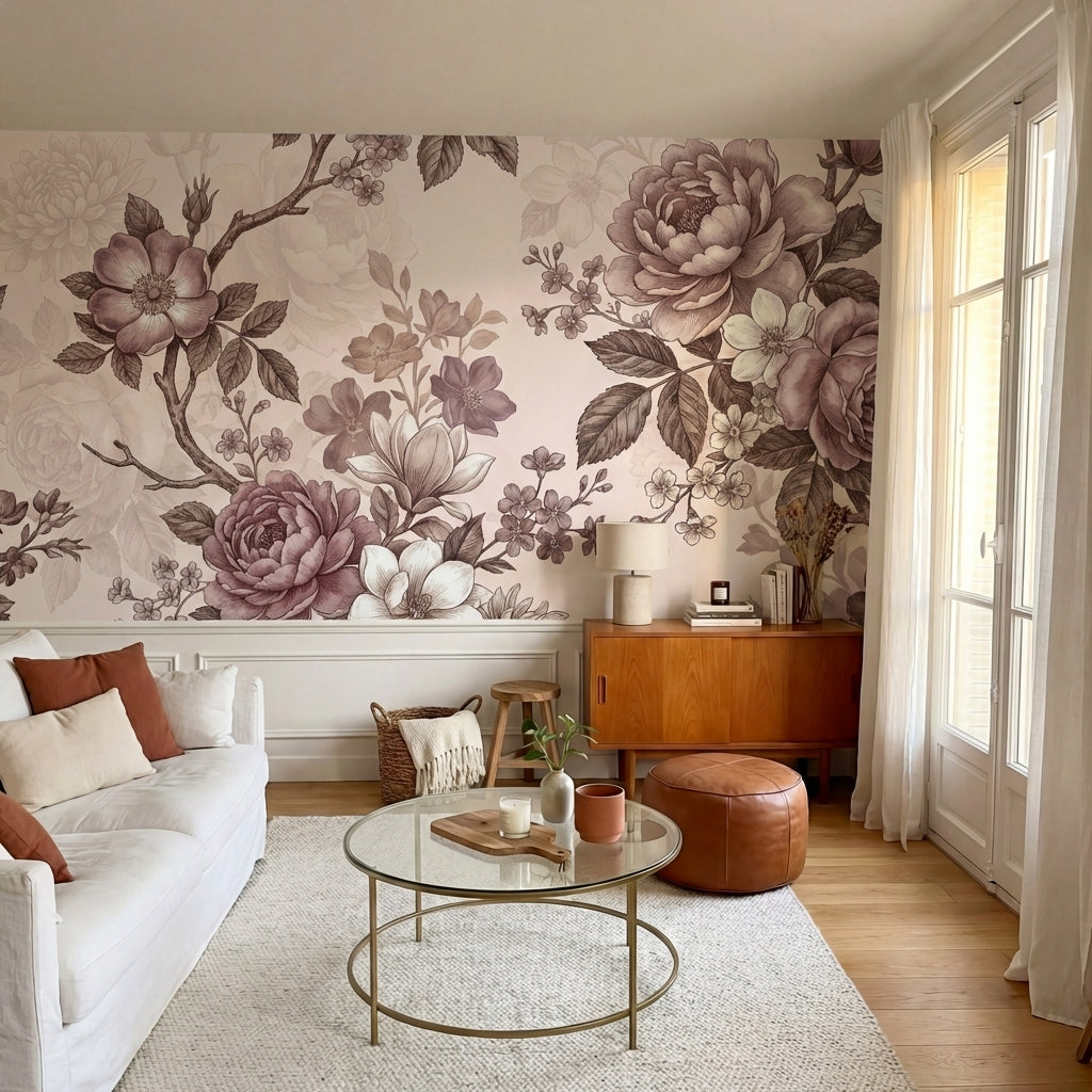 papier peint fleurie vintage pivoines roses magnolias branches fleuries tons ros-VARIANTE-6