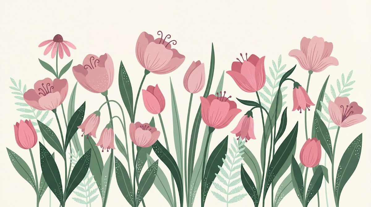 Papier peint panoramique fleurs roses - Tulipes pivoines échinacées feuillage vert sauge fond beige crème sur mesure - Design