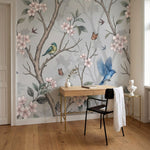 papier peint floral vintage branches cerisier oiseaux bleus papillons fleurs ros-9