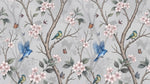 Papier peint panoramique floral vintage - Branches cerisier oiseaux bleus papillons fleurs roses fond gris perle sur mesure - Design