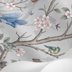 Papier peint panoramique floral vintage - Branches cerisier oiseaux bleus papillons fleurs roses fond gris perle sur mesure - Matière