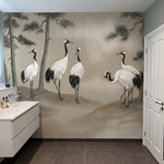 papier peint grues japonaises cinq grues couronnees pins centenaires fleurs blan-8
