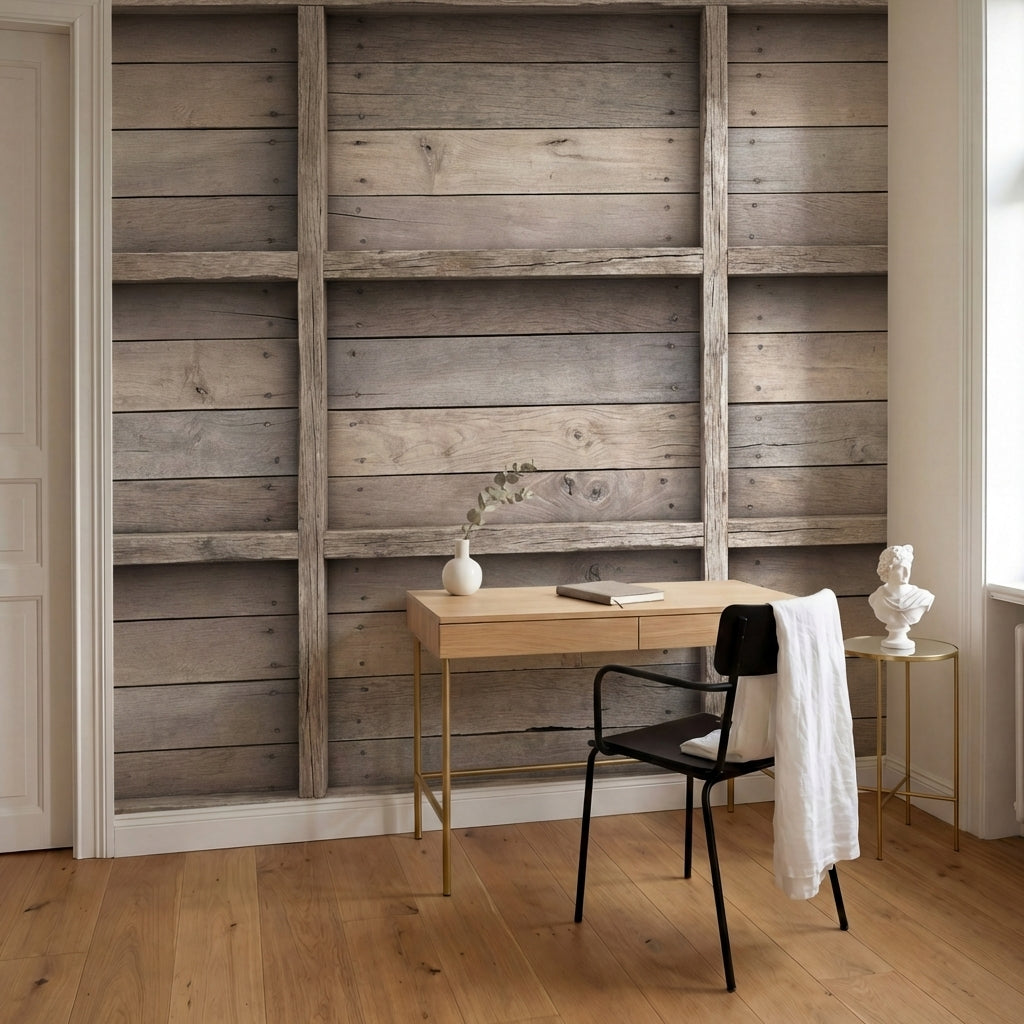 papier peint naturel etageres bois brut compartiments rectangulaires tons beige -8