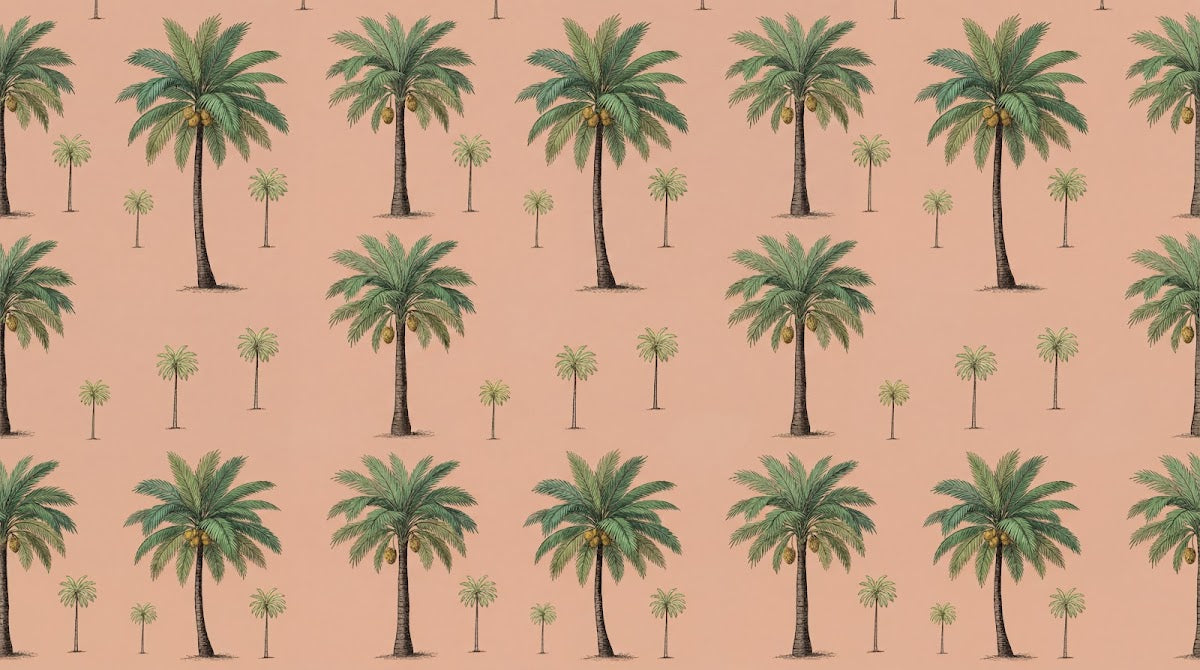 Papier peint panoramique palmier beige - Palmiers tropicaux répétitifs frondes détaillées fond rose saumon sur mesure - Design
