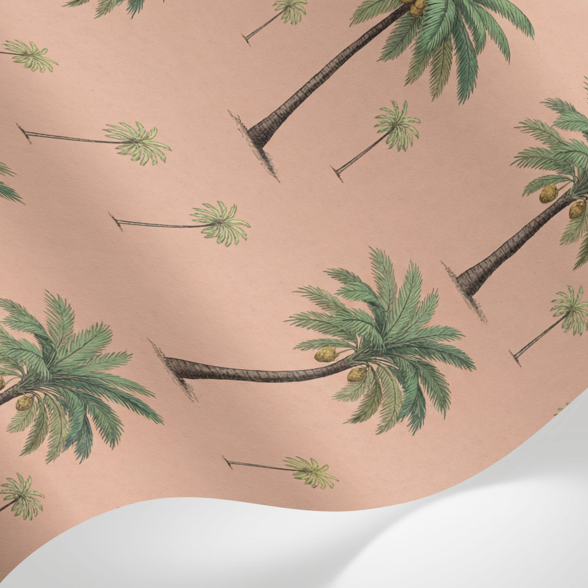 Papier peint panoramique palmier beige - Palmiers tropicaux répétitifs frondes détaillées fond rose saumon sur mesure - Matière